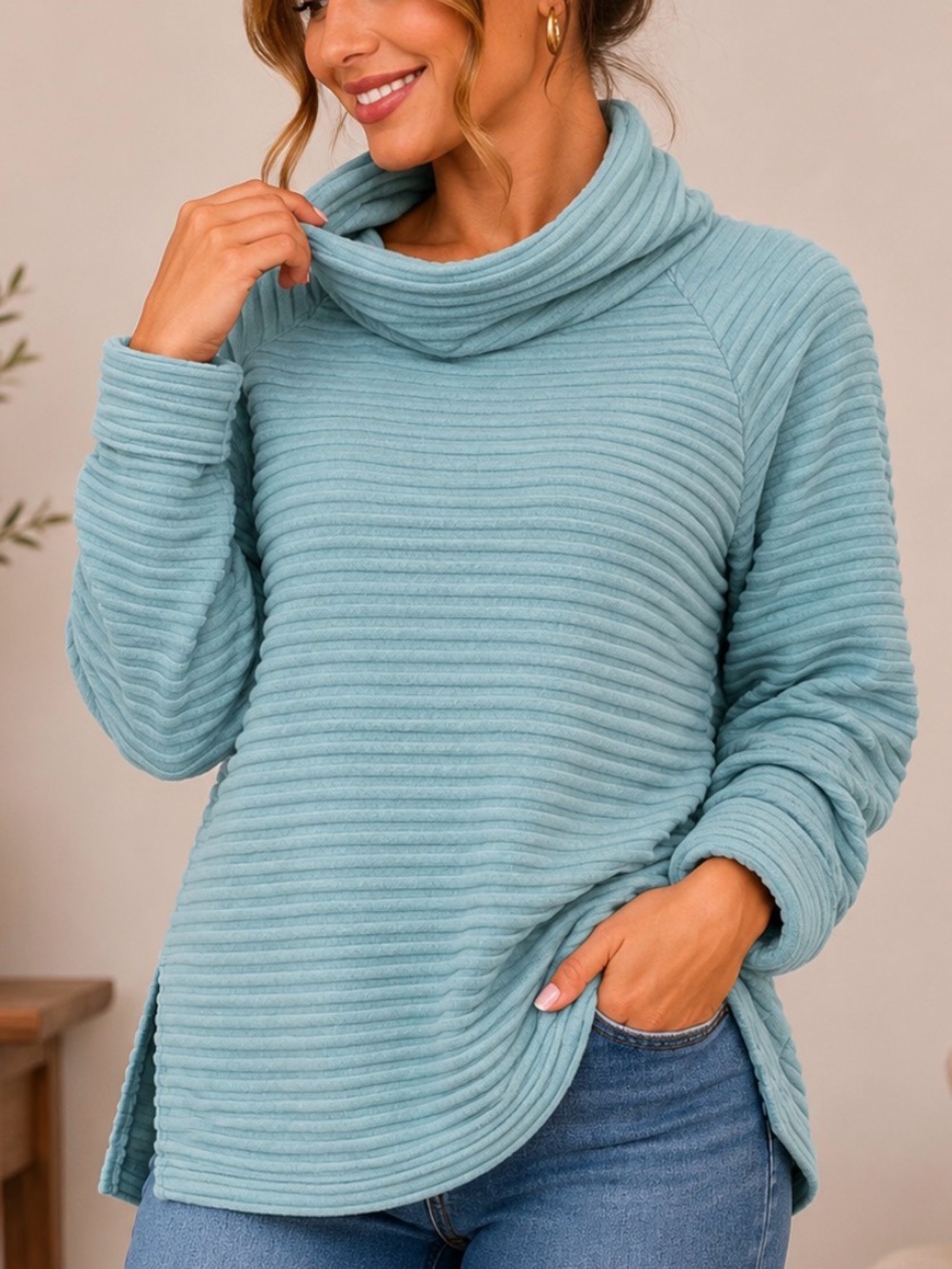 Style NY Ribbed Turtle Neck Sweater in Soft Aqua